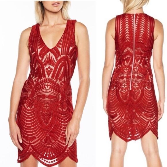 Bardot Lipstick Red Mesh Lace Embroidered Sheath Dress Sz 4/XS - Picture 14 of 14